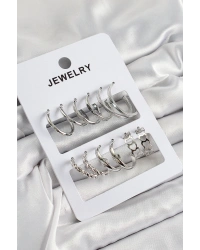 Pirinç Karışık Halka Model Gümüş Renk 6 Çift Kadın Küpe Set