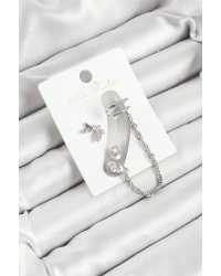 Pirinç Kelebek Figürlü Zirkon Taşlı Gümüş Renk 3lü Kıkırdak Kadın Küpe Set