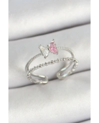 Pirinç Kelebek Figürlü Zirkon Taşlı Gümüş Renk Ayarlanabilir Kadın Yüzük