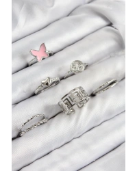 Pirinç Kelebek Ve Kalp Model Gümüş Renk Kadın Yüzük Kombin Set