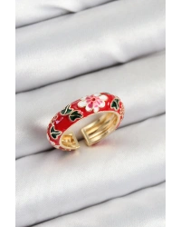 Pirinç Kırmızı Mineli Çiçek Motifli Gold Renk Ayarlanabilir Kadın Yüzük