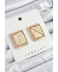 Pirinç Krem Üçgen Kesim Detaylı Kare Model Vintage Gold Renk Kadın Küpe