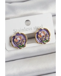 Pirinç Mor Mineli Çiçek Figürlü Sanatsal Portre Model Gold Renk Kadın Küpe