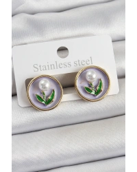 Pirinç Mor Mineli Lale Figürlü Sanatsal Portre Model Gold Renk Kadın Küpe