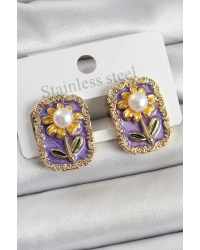 Pirinç Mor Mineli Papatya Figürlü Sanatsal Portre Model Gold Renk Kadın Küpe