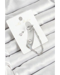 Pirinç Ok Figürlü Zirkon Taşlı Gümüş Renk 3lü Kıkırdak Kadın Küpe Set