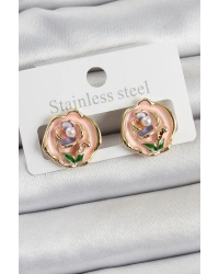 Pirinç Pembe Mineli Çiçek Figürlü Sanatsal Portre Model Gold Renk Kadın Küpe