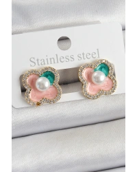 Pirinç Pembe Mineli İnci Detaylı Zirkon Taşlı Sanatsal Portre Yonca Model Gold Renk Kadın Küpe