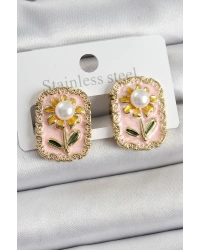 Pirinç Pembe Mineli Papatya Figürlü Sanatsal Portre Model Gold Renk Kadın Küpe