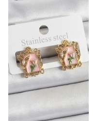 Pirinç Pembe Mineli Sanatsal Portre Model Gold Renk Kadın Küpe