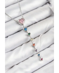 Pirinç Renkli Zirkon Taşlı Kalp Model Gümüş Renk Kadın Y Kolye