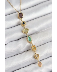 Pirinç Renkli Zirkon Taşlı Model Gold Renk 7 Element Kadın Y Kolye