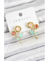 Pirinç Renkli Zirkon Taşlı Papatya Model Gold Renk Kadın Küpe