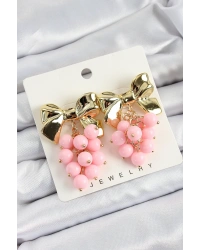 Pirinç Sallantılı Pembe Boncuklu Fiyonk Vintage Model Gold Renk Kadın Küpe