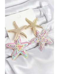 Pirinç Sallantılı Rainbow Deniz Yıldızı Model Gold Renk Hasır Küpe