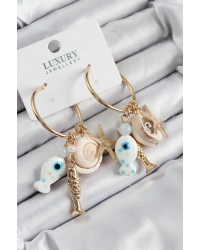 Pirinç Sallantılı Seramik Balık Ve Deniz Kabuğu Model Gold Renk Kadın Küpe