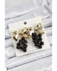 Pirinç Sallantılı Siyah Boncuklu Fiyonk Vintage Model Gold Renk Kadın Küpe