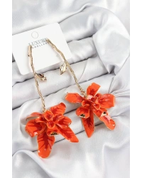 Pirinç Sallantılı Turuncu Çiçek Model Gold Renk Kadın Küpe