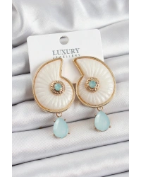 Pirinç Sedef Deniz Kabuğu Figürlü Zirkon Taşlı Gold Renk Kadın Küpe