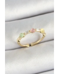 Pirinç Sıralı Boncuk Figürlü Zirkon Taşlı Gold Renk Ayarlanabilir Kadın Yüzük