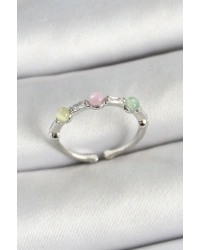 Pirinç Sıralı Boncuk Figürlü Zirkon Taşlı Gümüş Renk Ayarlanabilir Kadın Yüzük