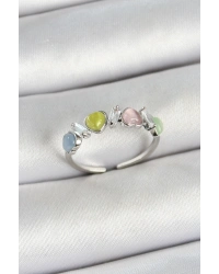 Pirinç Sıralı Kalp Figürlü Zirkon Taşlı Gümüş Renk Ayarlanabilir Kadın Yüzük