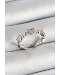 Pirinç Sıralı Kalp Figürlü Zirkon Taşlı Gümüş Renk Ayarlanabilir Kadın Yüzük