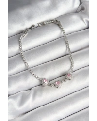 Pirinç Sıralı Pembe Kalp Figürlü Zirkon Taşlı Gümüş Renk Kadın Bileklik