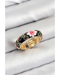 Pirinç Siyah Mineli Çiçek Motifli Gold Renk Ayarlanabilir Kadın Yüzük