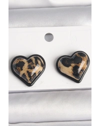 Pirinç Siyah Renk Leopar Desen 3D Kalp Model Kadın Küpe