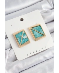 Pirinç Turkuaz Üçgen Kesim Detaylı Kare Model Vintage Gold Renk Kadın Küpe