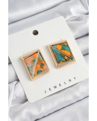 Pirinç  Turuncu Yeşil Üçgen Kesim Detaylı Kare Model Vintage Gold Renk Kadın Küpe