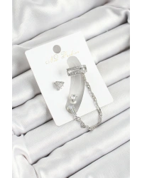 Pirinç Üçgen Figürlü Zirkon Taşlı Gümüş Renk 3lü Kıkırdak Kadın Küpe Set