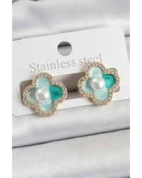 Pirinç Yeşil Mineli İnci Detaylı Zirkon Taşlı Sanatsal Portre Yonca Model Gold Renk Kadın Küpe