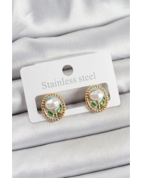 Pirinç Yeşil Mineli Lale Figürlü Sanatsal Portre Model Gold Renk Kadın Küpe