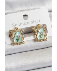 Pirinç Yeşil Mineli Sanatsal Portre Model Gold Renk Kadın Küpe