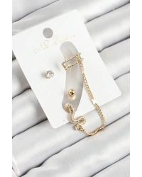 Pirinç Yılan Figürlü Zirkon Taşlı Gold Renk 3lü Kıkırdak Kadın Küpe Set