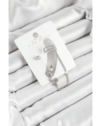 Pirinç Yılan Figürlü Zirkon Taşlı Gümüş Renk 3lü Kıkırdak Kadın Küpe Set