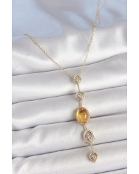Pirinç Zincir Kehribar Sarı Gold Renk  Zirkon Taşlı Y Kolye