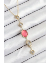 Pirinç Zincir Pembe Gold Renk Zirkon Taşlı Y Kolye