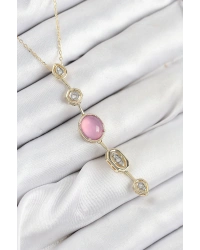 Pirinç Zincir Pembe Gold Renk Zirkon Taşlı Y Kolye