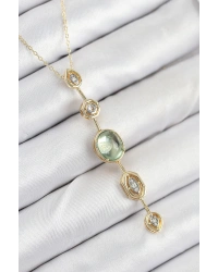 Pirinç Zincir Yeşil Gold Renk Zirkon Taşlı Y Kolye