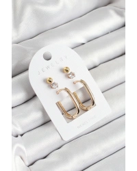 Pirinç Zirkon Taş Ve Dikdörtgen Figürlü Gold Renk 3lü Çift Kadın Küpe Set