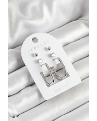 Pirinç Zirkon Taş Ve Dikdörtgen Figürlü Gümüş Renk 3lü Çift Kadın Küpe Set