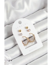 Pirinç Zirkon Taş Ve Halka Figürlü Gold Renk 3lü Çift Kadın Küpe Set