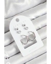 Pirinç Zirkon Taş Ve Halka Figürlü Gümüş Renk 3lü Çift Kadın Küpe Set