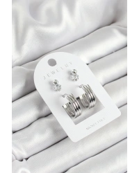 Pirinç Zirkon Taş Ve Halka Figürlü Gümüş Renk 3lü Çift Kadın Küpe Set