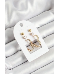 Pirinç Zirkon Taş Ve Kalp Figürlü Gold Renk 3lü Çift Kadın Küpe Set