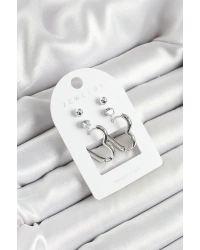 Pirinç Zirkon Taş Ve Kalp Figürlü Gümüş Renk 3lü Çift Kadın Küpe Set