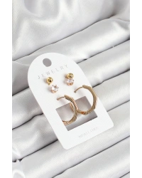 Pirinç Zirkon Taş Ve Kemik Halka Figürlü Gold Renk 3lü Çift Kadın Küpe Set